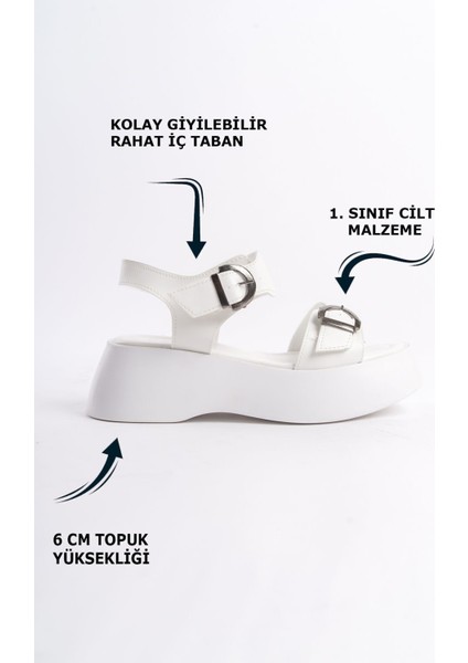 Krem Yüksek Taban Şeritli Çift Tokalı Kalın Şeritli Kadın Dolgu Topuklu Yazlık Sandalet