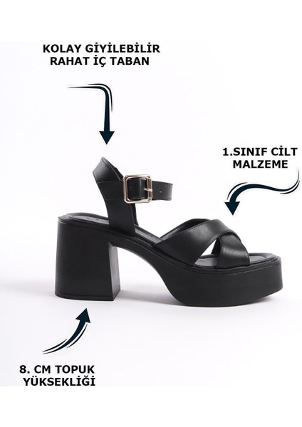 Siyah Yüksek Yandan Tokalı Çapraz Şeritli Önü Açık Cilt Yazlık Kadın Dolgu Taban Sandalet Ayakkabı fiyatları
