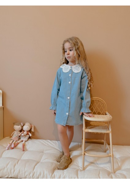 Yigit Butik Dantel Yaka Kız Çocuk Denim Elbise