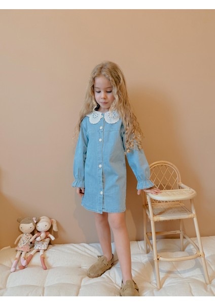 Yigit Butik Dantel Yaka Kız Çocuk Denim Elbise modelleri