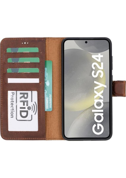 Samsung Galaxy S24 Uyumlu, Deri Cüzdanlı Kılıf, Antik Kahve indirimleri