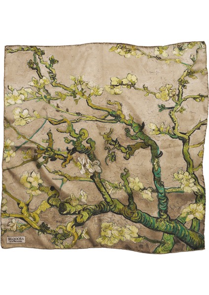 %100 Ipek Bandana FULAR(55X55 Cm) - Vincent Van Gogh(Badem Ağacı Haki)