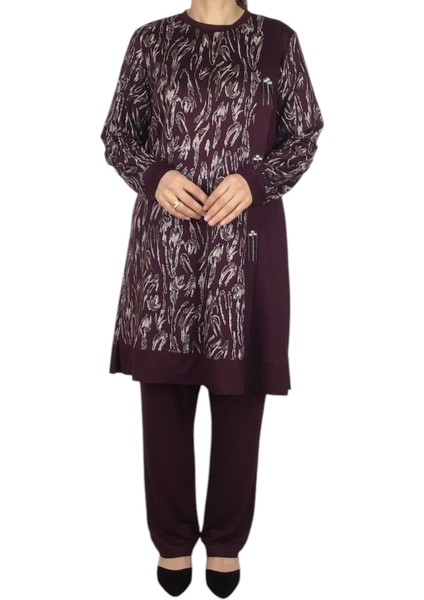 Kadın Önü Desenli Pantolonlu Kristal Penye Takım