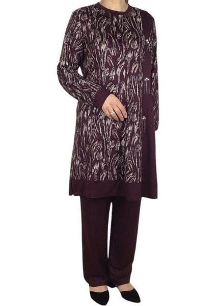 Kadın Önü Desenli Pantolonlu Kristal Penye Takım modelleri