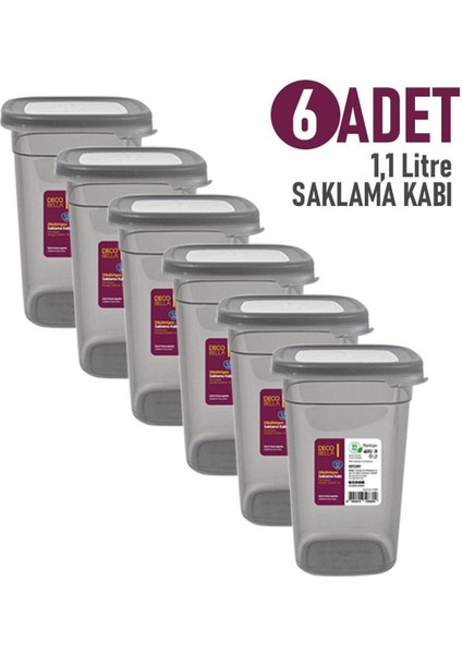 6'lı Dikdörtgen Saklama Kabı 1.1 Lt. Kapaklı Koyu Füme