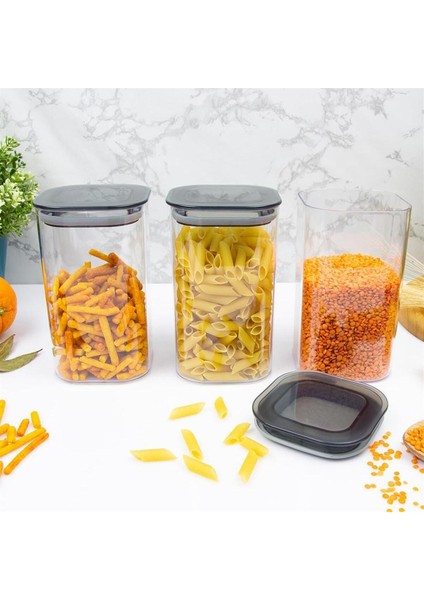 3 Adet Vakumlu Kare Erzak Kabı Seti Erzak Bakliyat Saklama Kabı Kapaklı 1.1 Lt