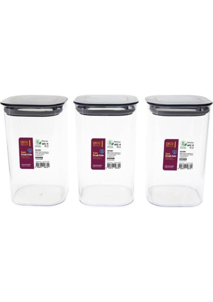 3 Adet Vakumlu Kare Erzak Kabı Seti Erzak Bakliyat Saklama Kabı Kapaklı 1.1 Lt