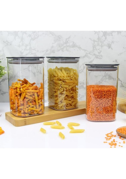 3 Adet Vakumlu Kare Erzak Kabı Seti Erzak Bakliyat Saklama Kabı Kapaklı 1.1 Lt