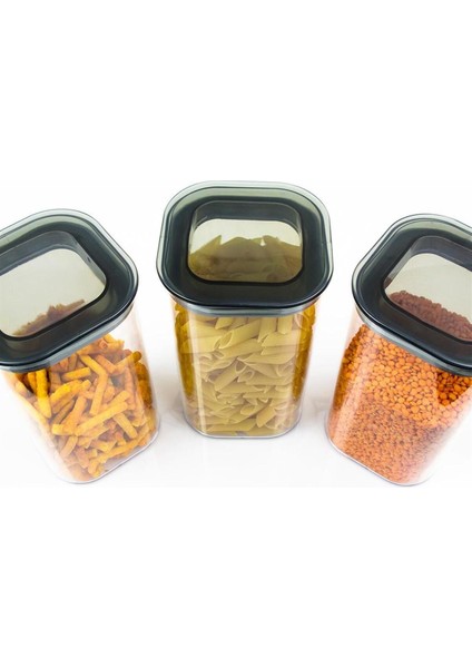 3 Adet Vakumlu Kare Erzak Kabı Seti Erzak Bakliyat Saklama Kabı Kapaklı 1.1 Lt