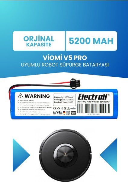 Viomi V5 Pro Uyumlu Batarya (ORJİNAL KAPASİTE) 5200mah Pil Robot Süpürge Batarya Değişimi