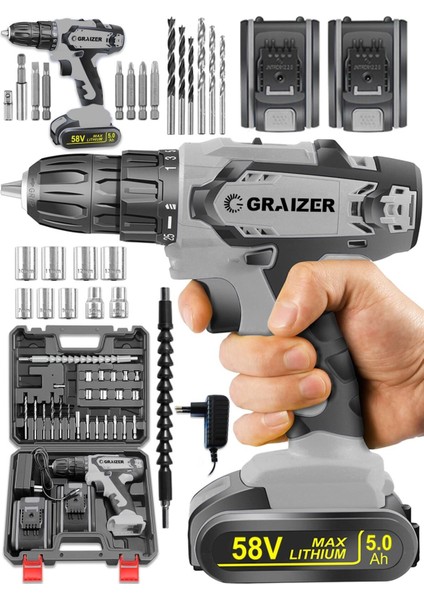 Alman 58 V 5 Ah Darbeli Çift Metal Şanzuman Bakır Sargili Şarjlı Çift Akülü Vidalama Matkap Sta