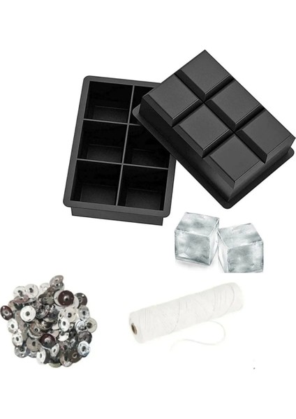 Kare Mum Kalıbı 6lı + Mum Fitil Tutacağı 10LU + Mum Fitili 5 M Mum Yapımı Seti Silikon Mum Kabı