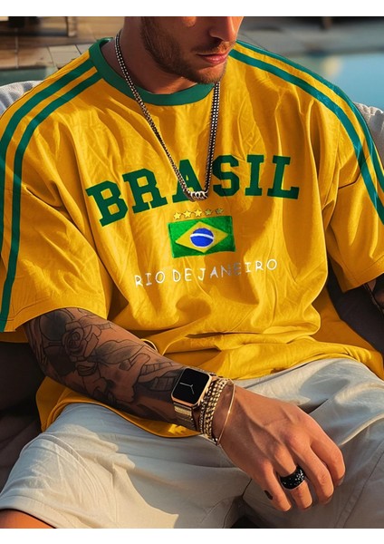 Yeni Sezon Unisex Omuz Detaylı Brasil Baskılı Oversize T-Shirt