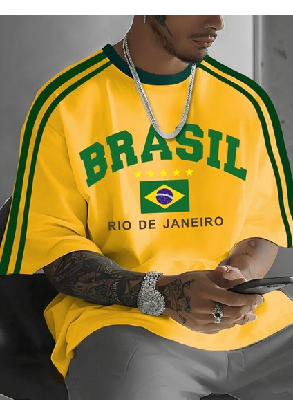 Yeni Sezon Unisex Omuz Detaylı Brasil Baskılı Oversize T-Shirt fırsatları