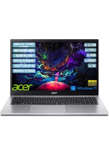 Aspire 3 I5-1235U 8 GB 512 GB SSD 15,6" Fhd IPS W11 Gümüş NX.K6TEY.002
