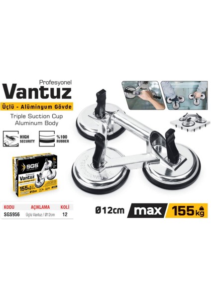 SGS956 - 155 kg Üçlü Vantuz Alüminyum Cam Seramik Fayans Ahşap Tutma Taşıma Vantuzu 12CM 12CM 12 fiyatları