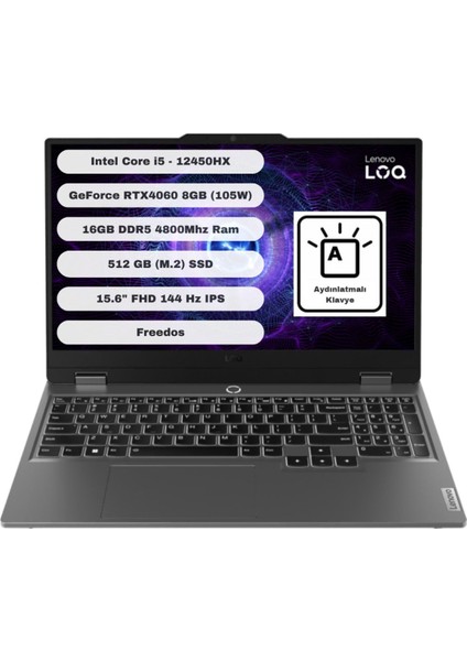 Loq I5-12450HX 16GB 512 GB SSD Rtx 4060 8gb Gddr6 15.6'' Fhd Freedos Notebook 83GS007XTR16