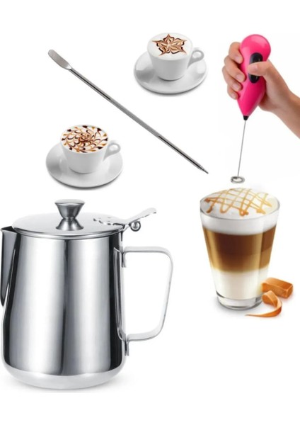Latte Seti 3lü Süt Potu Kapaklı 500 ml + Latte Art Kalemi Çubuğu + Süt Köpürtücü Seti