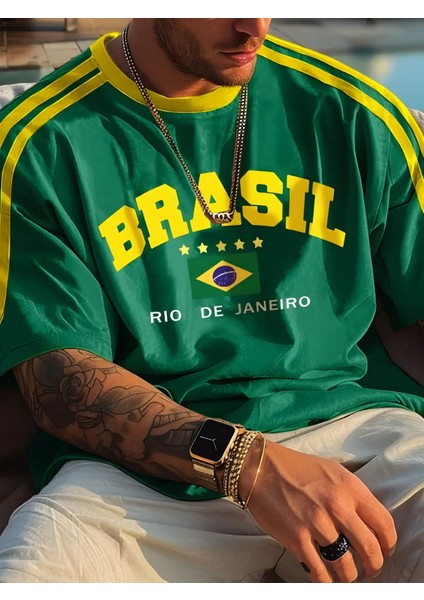 Yeni Sezon Unisex Omuz Detaylı Brasil Baskılı Oversize T-Shirt