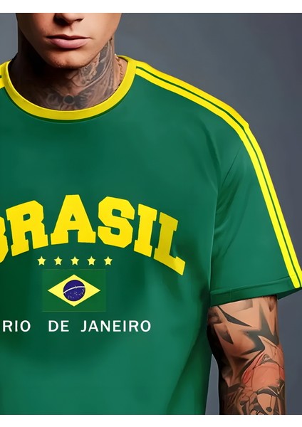 Yeni Sezon Unisex Omuz Detaylı Brasil Baskılı Oversize T-Shirt modelleri
