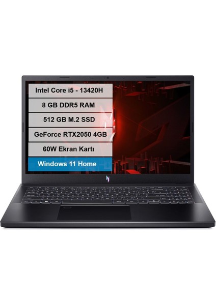 Nitro V15 Intel I5 13420H 8gb 512GB SSD RTX2050-4GB 15.6" Fhd 144hz W11 Home Notebook NH.QNDEY.002