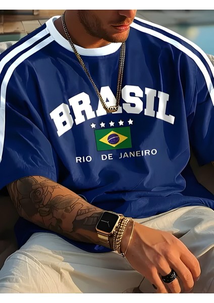 Yeni Sezon Unisex Omuz Detaylı Brasil Baskılı Oversize T-Shirt