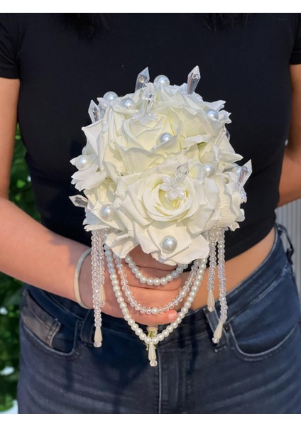 Gelin Buketi ve Damat Yaka Çiçeği ( Düğün, Nişan, Nikah Buketi, Yapay Çiçek, Kristal El Buketi )