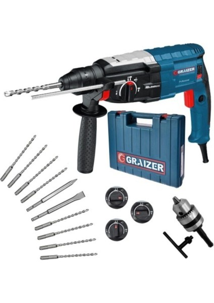 Alman 3000 Watt Kırıcı Delici Metal Dişli Şanzuman Hilti Darbeli Matkap + 10 Uç Hediyeli Gri