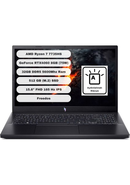 Nitro V15 ANV15-41 Amd Ryzen 7 7735HS 32GB 512GB SSD RTX4060 Freedos 15.6" NH.QSFEY.00132