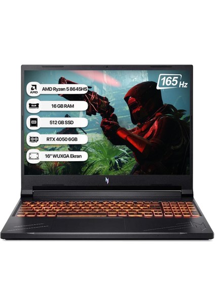 Nitro V16 NH.QRVEY.004-16 R5 8645HS 16GB 512GB SSD RTX4050-6GB Freedos 165Hz 16'' Notebook