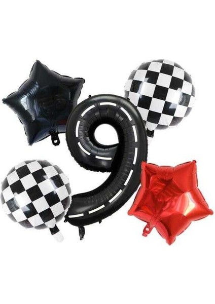 Siyah Yarış Pisti Damalı 9 Yaş Folyo Balon Set