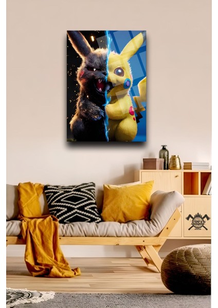 Lüks Görünümlü Renkli Pikachu (Pikaçu) Görseli 4mm Kırılmaz Temperli Yüksek Çözünürlüklü Cam Tablo
