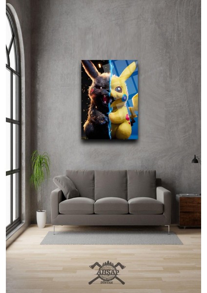 Lüks Görünümlü Renkli Pikachu (Pikaçu) Görseli 4mm Kırılmaz Temperli Yüksek Çözünürlüklü Cam Tablo