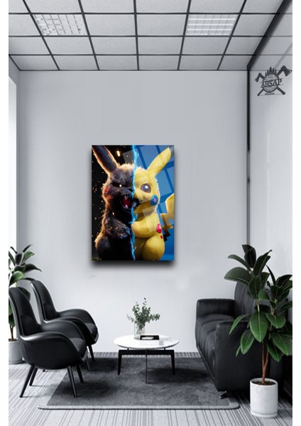 Lüks Görünümlü Renkli Pikachu (Pikaçu) Görseli 4mm Kırılmaz Temperli Yüksek Çözünürlüklü Cam Tablo