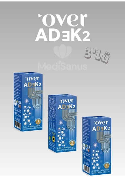 AD3K2 - D3 Vitamini, K2 Vitamini ve A Vitamini Içeren Gıda Takviyesi, 20 Ml, 400 Damla, D3K2 - 3 Kutu Bir Arada