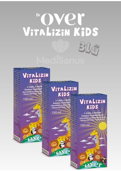 Vitalizin Kids - Lizin, Arjinin, Inositol, Fosfotidilserin, 11 Vitamin ve 5 Mineral Içeren Takviye Edici Gıda, 150 Ml, Şurup - 3 Kutu
