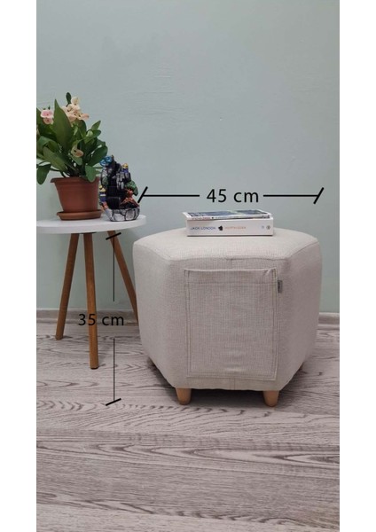 Ahşap Ayaklı Krem Rengi Keten Cepli Altıgen Puf&bench Koltuk/tabure