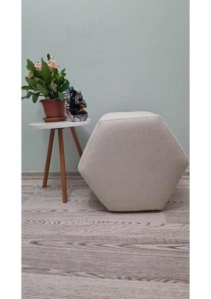 Ahşap Ayaklı Krem Rengi Keten Cepli Altıgen Puf&bench Koltuk/tabure