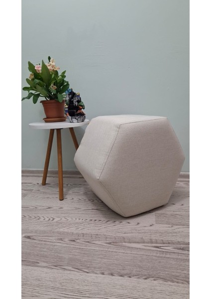Ahşap Ayaklı Krem Rengi Keten Cepli Altıgen Puf&bench Koltuk/tabure