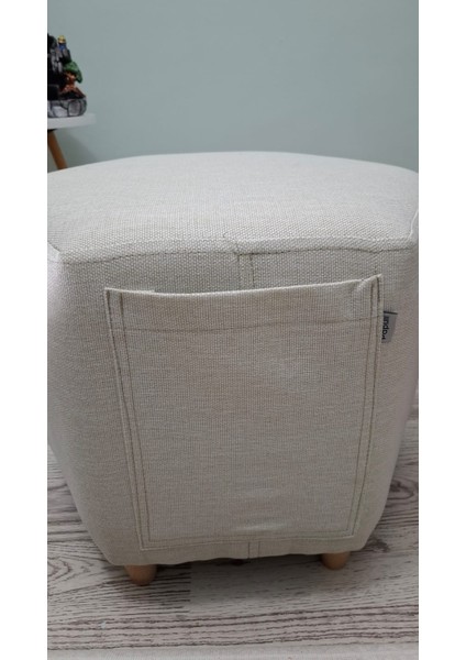 Ahşap Ayaklı Krem Rengi Keten Cepli Altıgen Puf&bench Koltuk/tabure