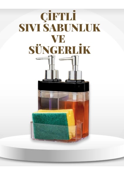 Şeffaf Akrilik Çift Bölmeli Sünger Hazneli Sıvı Sabunluk (Sünger Görsel Amaçlıdır)