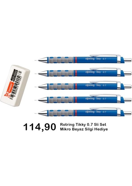 Tikky 0.7 mm Mavi 5'li Set Silgi Hediyeli modelleri