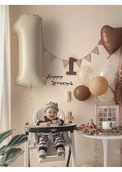 10 Adet Balonlu Kahverengi Kalp Folyolu ,krem 1 Rakam Folyo Balon