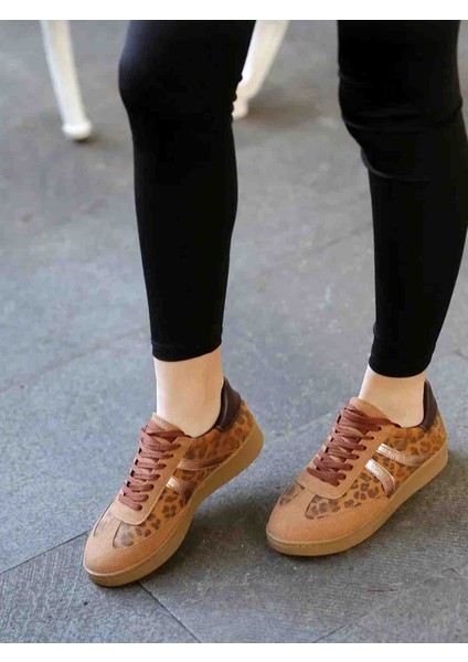 Selinda Taba Süet Leopar Desenli Kauçuk Taban Bağcıklı Kadın Sneaker
