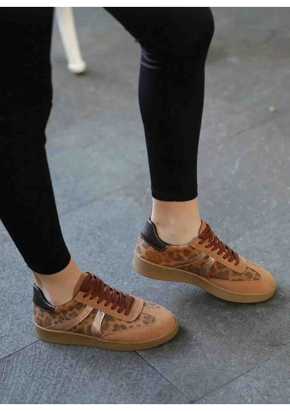 Selinda Taba Süet Leopar Desenli Kauçuk Taban Bağcıklı Kadın Sneaker