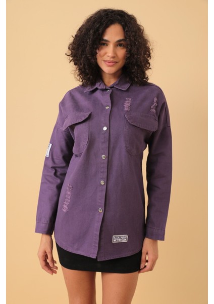 Arma Detaylı Eskitmeli Oversize Gömlek - 0059