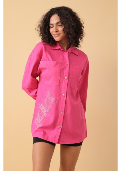 Yazı Taş Baskı Kadın Oversize Gömlek - 0243