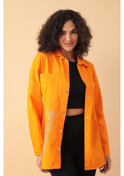 Yazı Taş Baskı Kadın Oversize Gömlek - 0243