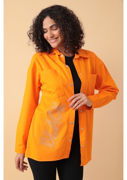 Yazı Taş Baskı Kadın Oversize Gömlek - 0243