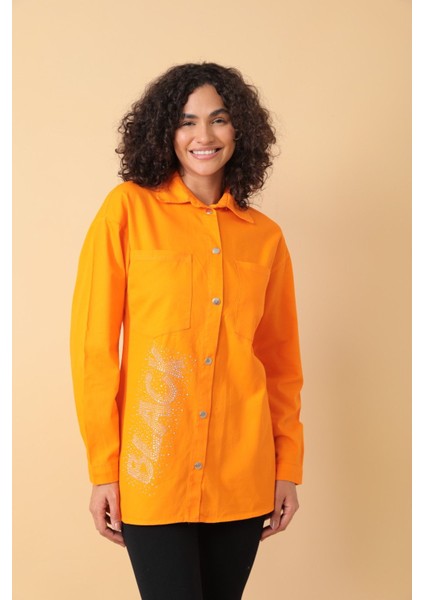 Yazı Taş Baskı Kadın Oversize Gömlek - 0243